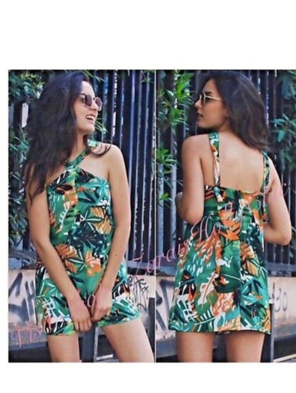 Zara Trafaluc Tropical Jumpsuit Romper Large Halter Style Green Orange Beach